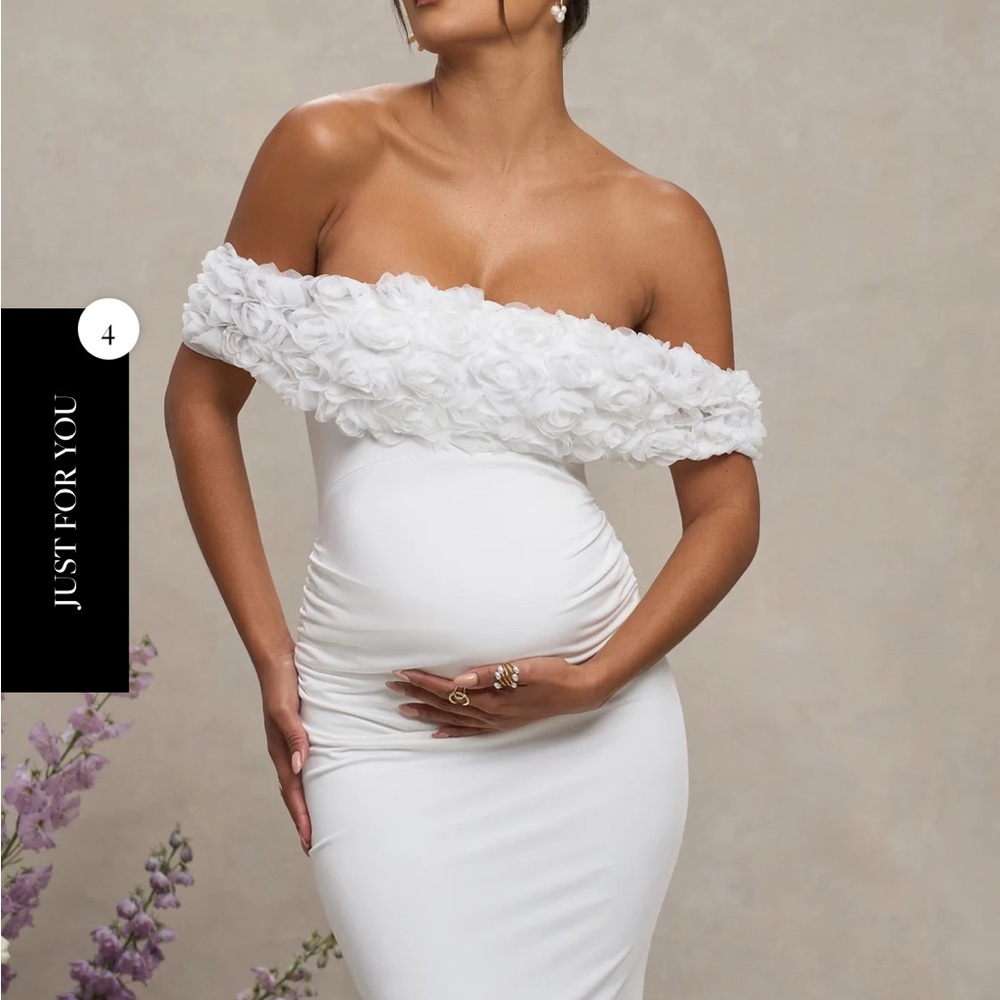 NWT Club L London INFLORESCENCE WHITE MESH FLORAL BARDOT MATERNITY MAXI DRESS